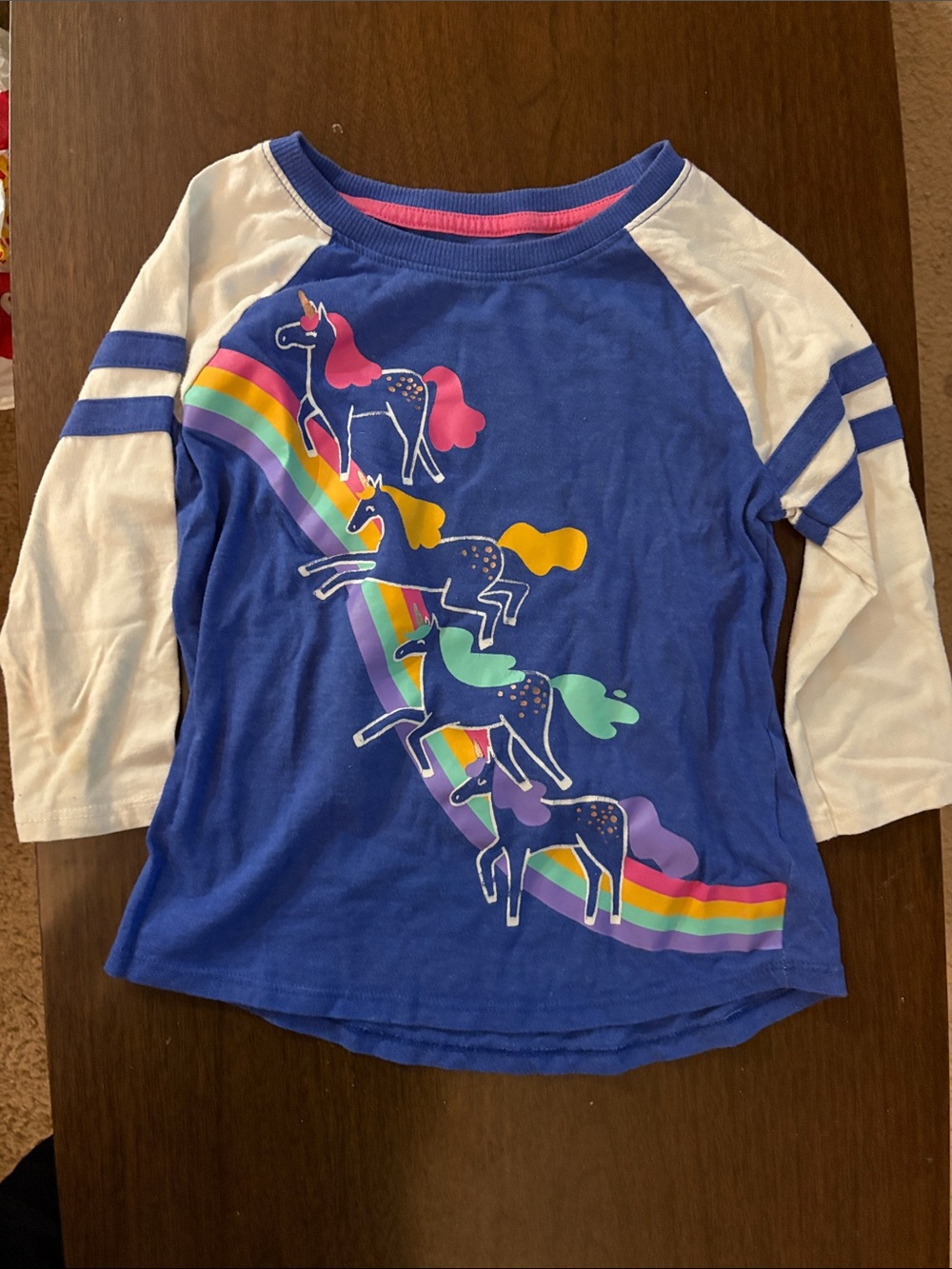 Cat & Jack Blue Raglan Unicorn Rainbow Long Sleeve Tee